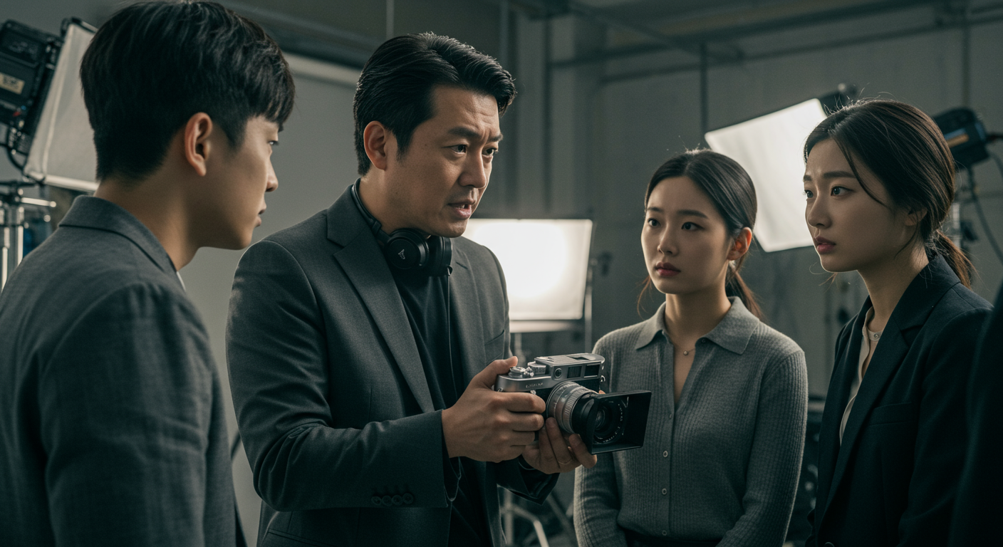 현대적 스튜디오에서 카메라를 든 감독과 배우들이 진지하게 토론하는 장면