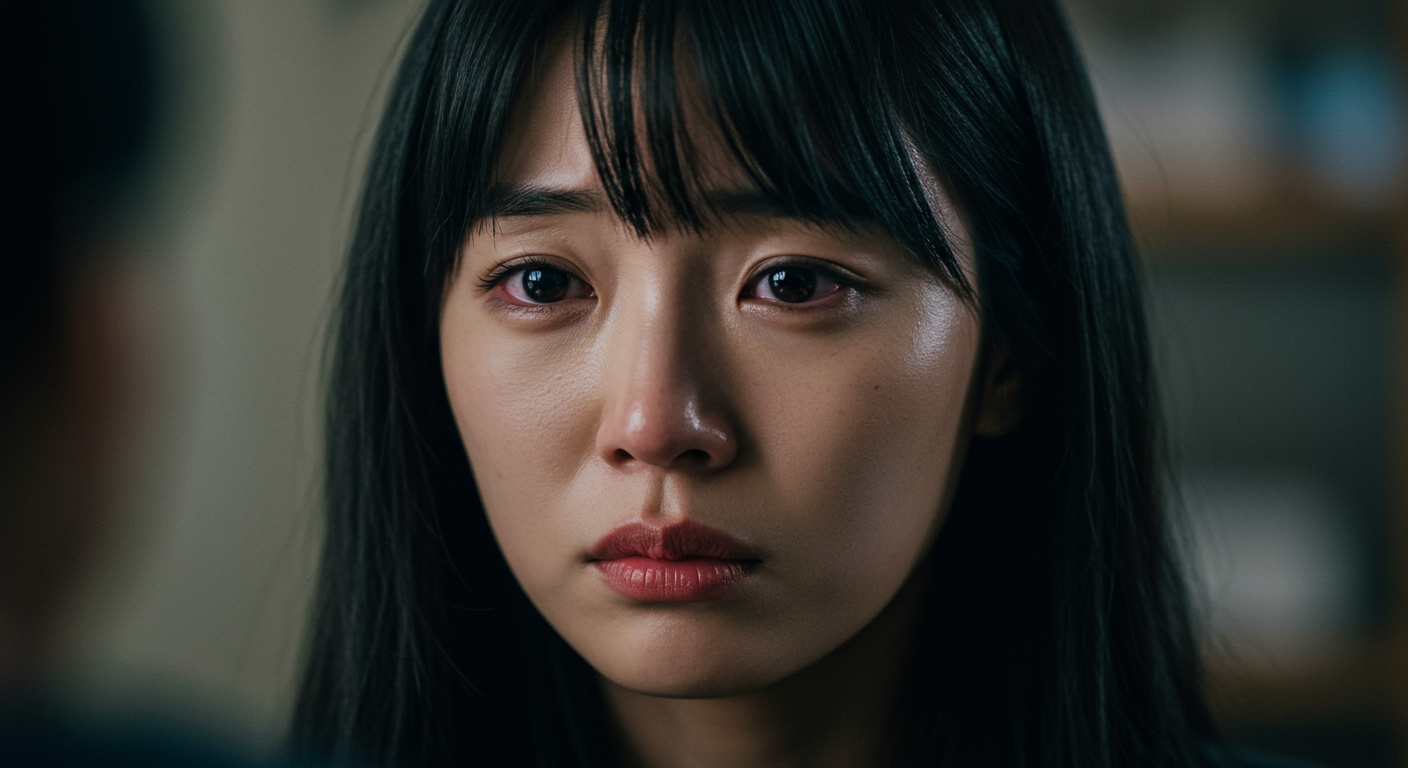 복잡한 감정을 지닌 캐릭터를 연기하며 깊은 생각에 잠긴 한국 여배우의 클로즈업