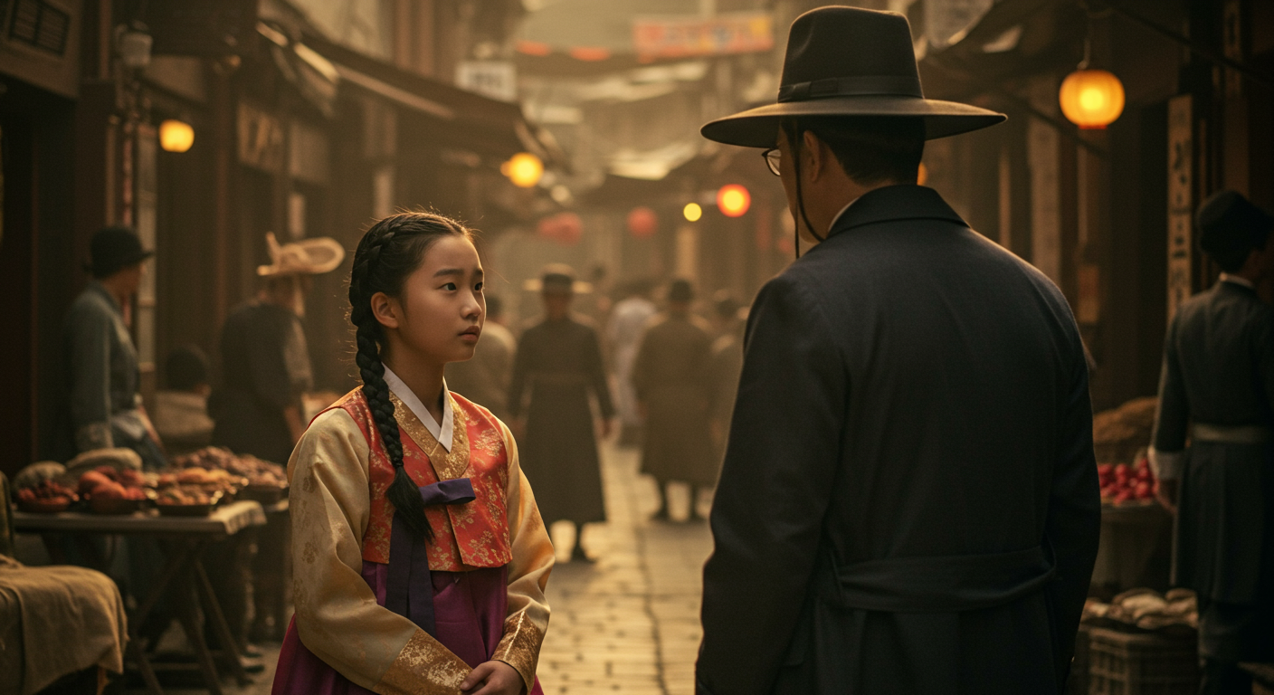 1920년대 부산의 시장 거리에서 처음 만난 소녀와 신비로운 남성