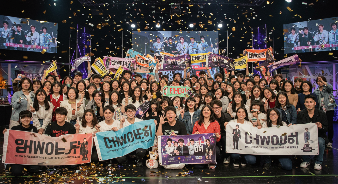 방송 스튜디오에서 음악상 수상을 축하하는 한국 팬들의 환호와 응원