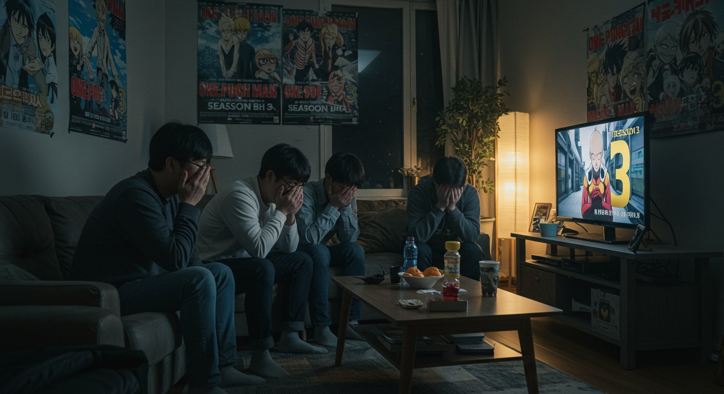 한국의 애니메이션 팬들이 TV 앞에서 실망감을 표현하는 모습