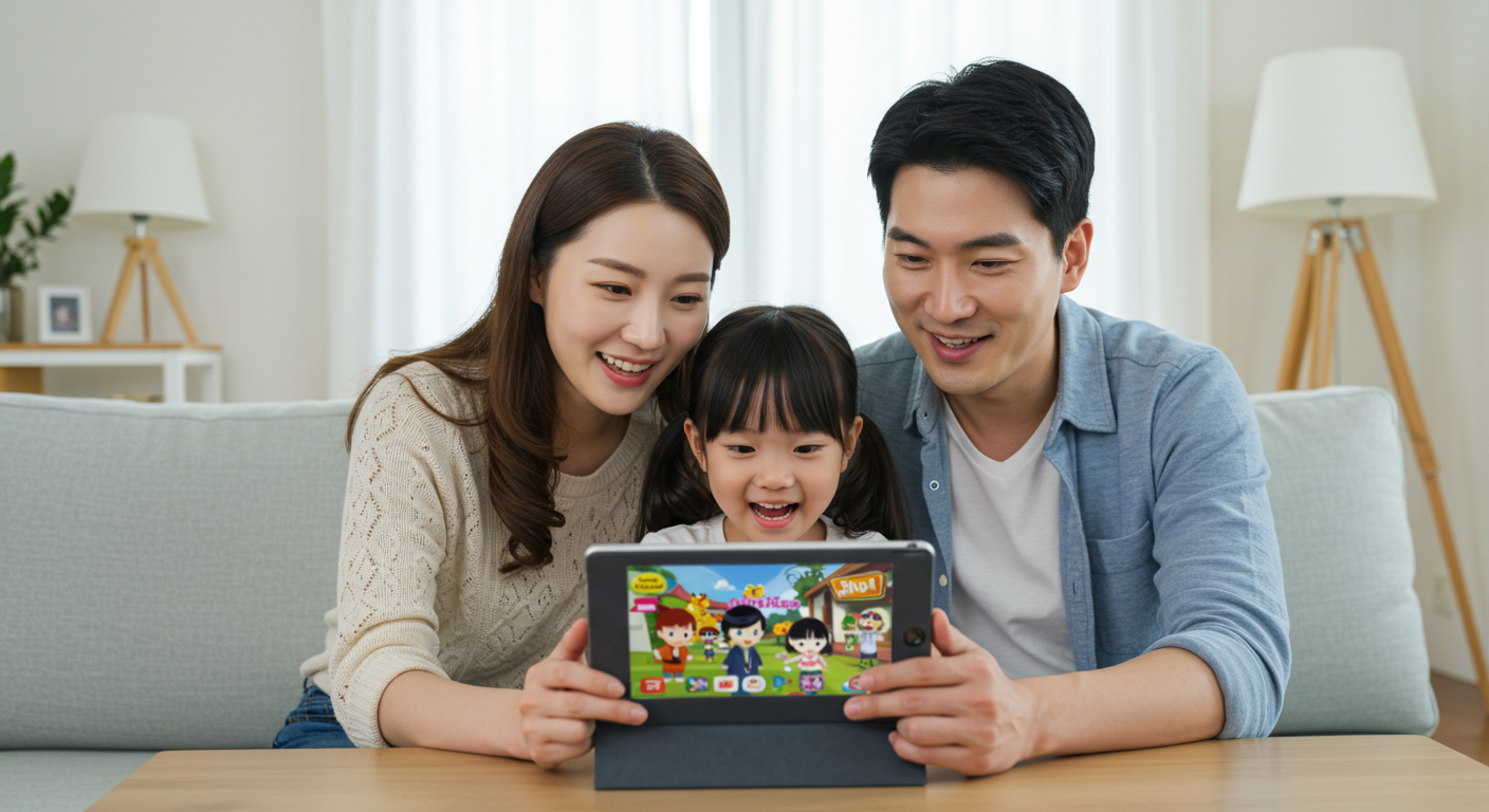 집에서 태블릿으로 함께 만화를 보는 가족