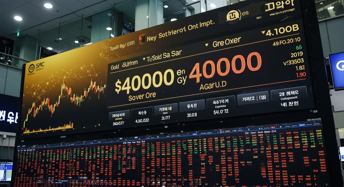 한국 주식 시장에서 4000달러를 넘은 금 시세가 표시된 전광판