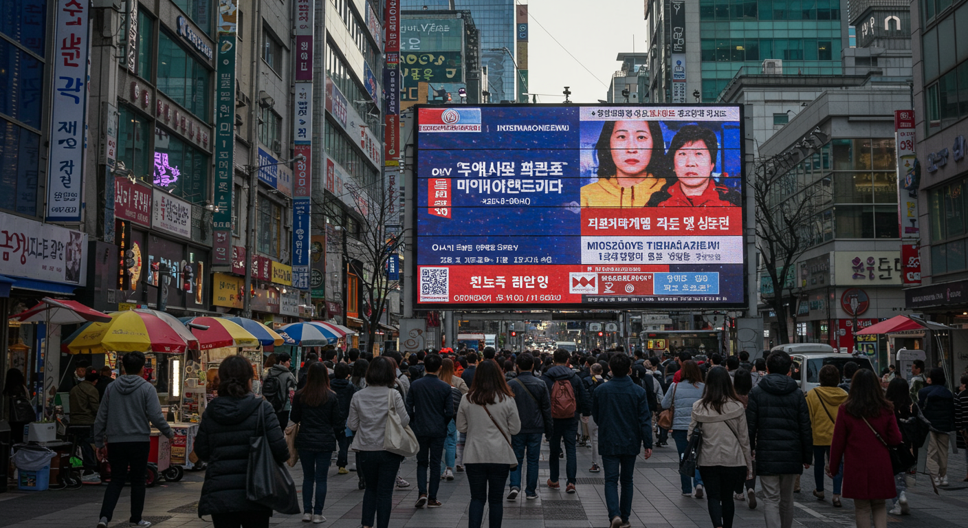 서울 도심에서 사람들이 국제 경제 뉴스와 금값 상승을 보고 있는 장면