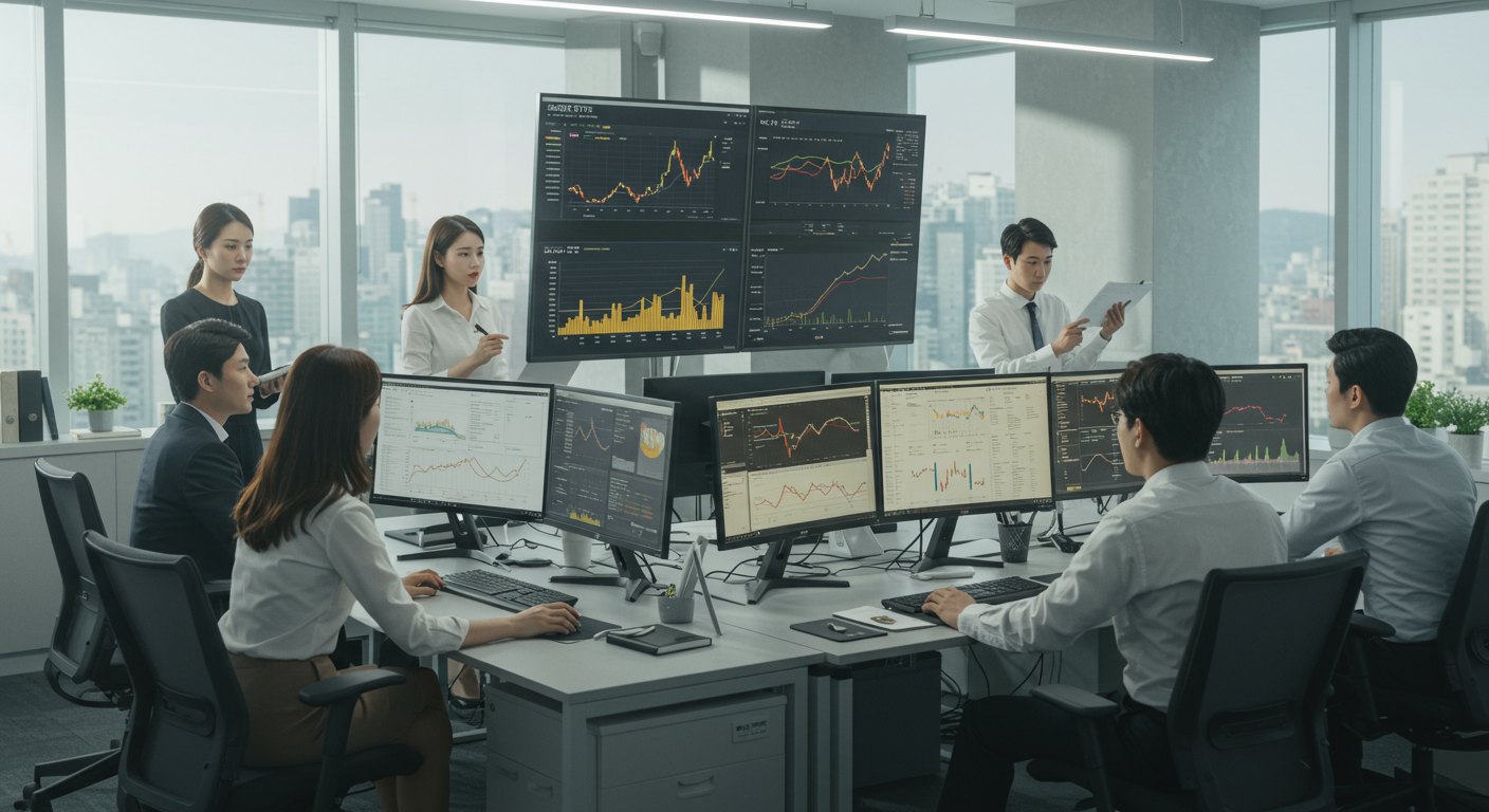 한국의 현대적인 사무실에서 다양한 전문가들이 금 ETF 데이터를 분석하는 모습