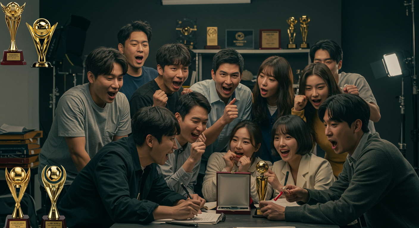 글로벌 드라마 시리즈 촬영을 준비하는 한국 배우들의 모습과 배경에 놓인 트로피들