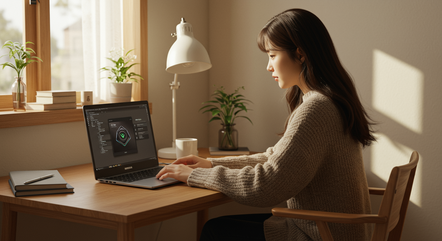 집에서 노트북으로 NVIDIA 제어판에 접속하는 젊은 여성