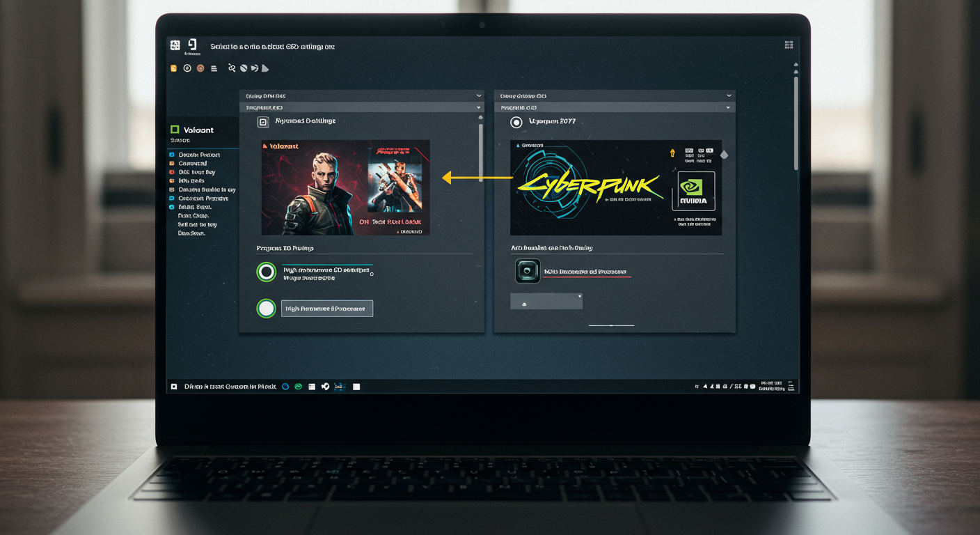 노트북 화면에서 발로란트와 사이버펑크2077 같은 프로그램에 대해 전용 GPU 선택 과정