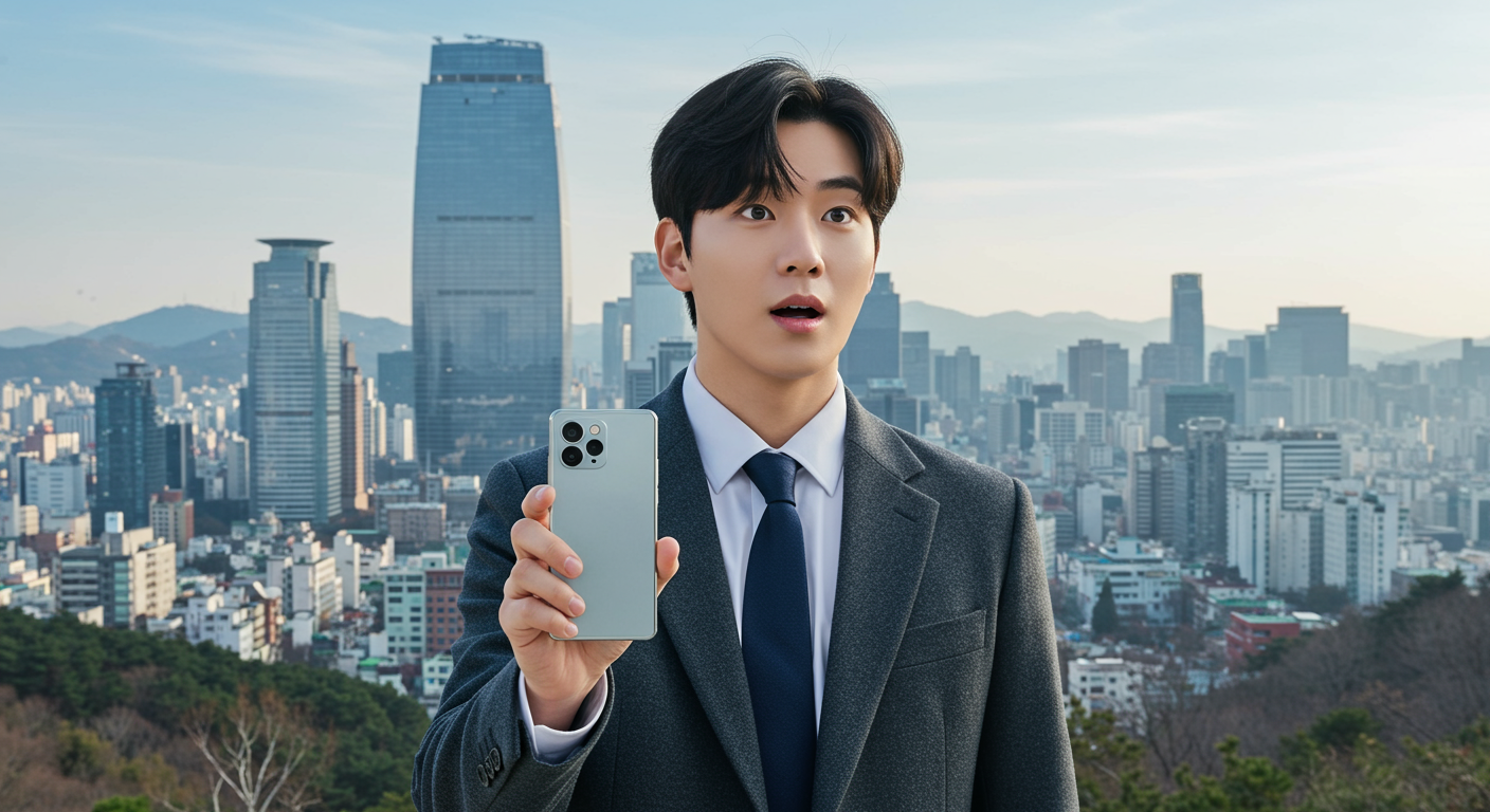 도시 배경에서 새로운 갤럭시 S26 울트라를 들고 있는 직장인의 모습