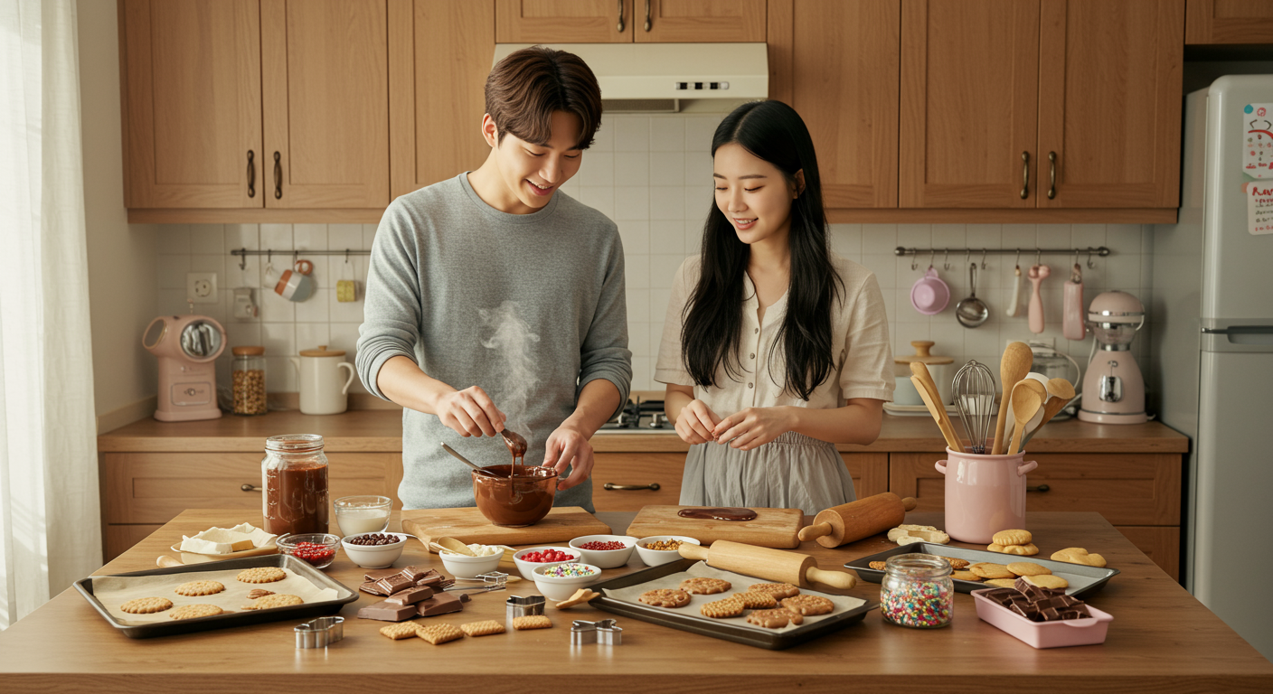 따뜻한 주방에서 빼빼로를 준비하는 커플의 모습