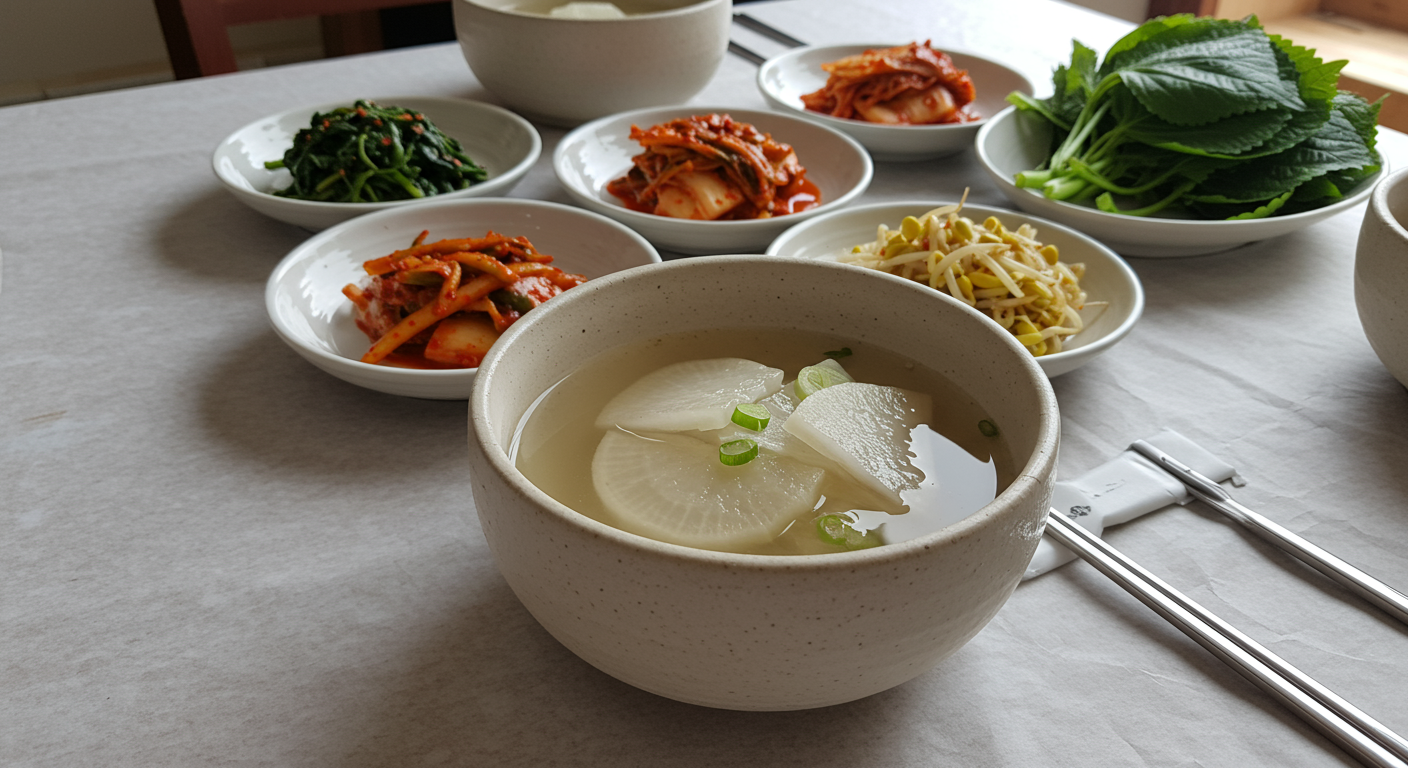 전통 그릇에 담긴 신선한 제주무 동치미와 건강한 반찬들