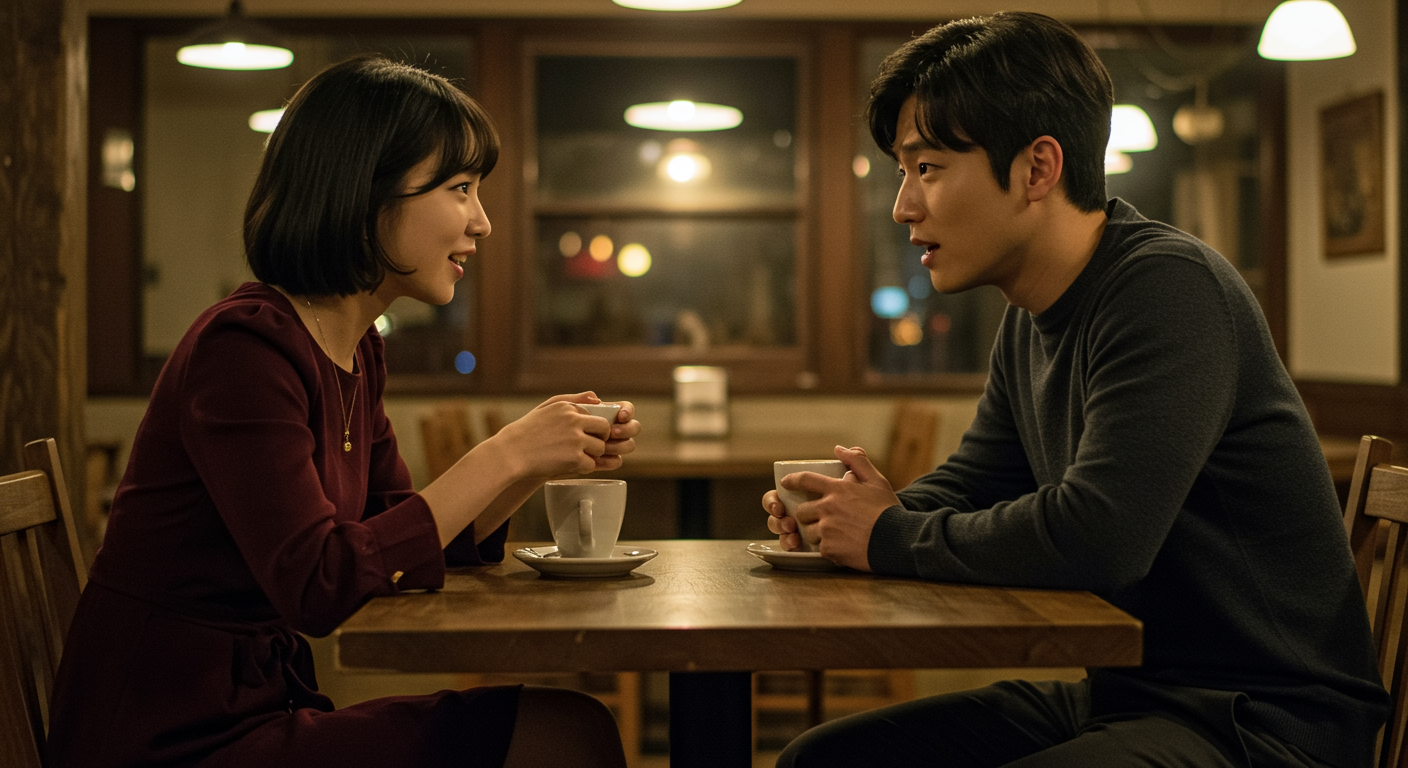 카페에서 영화 '프레데터'에 대해 이야기하는 젊은 커플의 모습