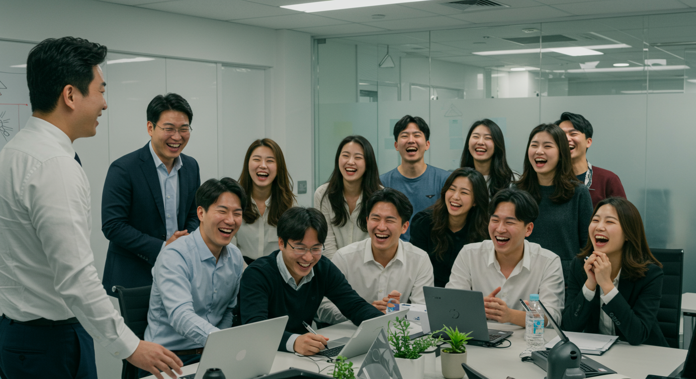 회의 중 농담 후 크게 웃음을 터뜨리는 직장 동료들