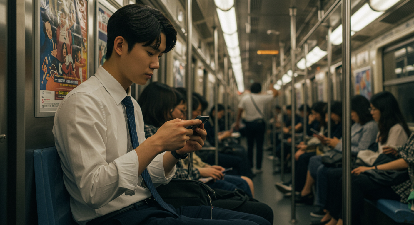출근길 지하철에서 모바일 게임을 즐기는 젊은 직장인