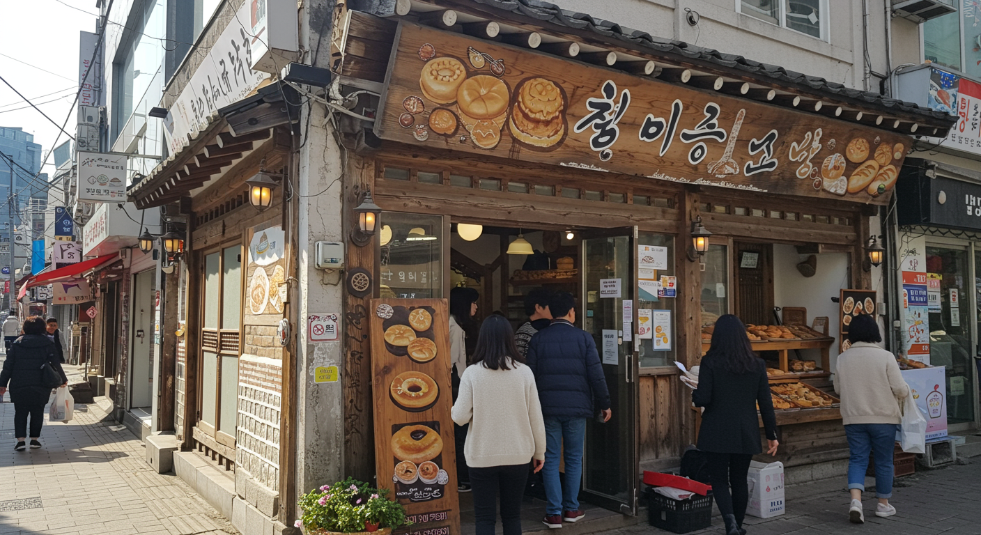 대전 시내의 바쁜 거리에서 전통적인 간판과 함께 고객들이 드나드는 오래된 베이커리 외관