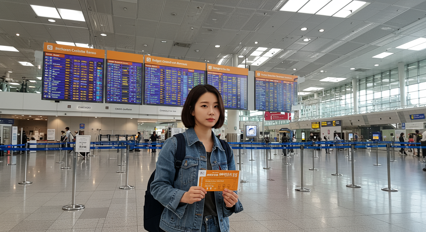 인천국제공항에서 저가항공 티켓을 들고 있는 젊은 여행객
