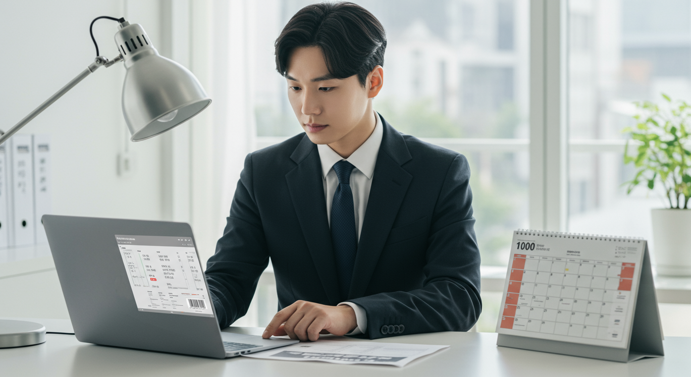 사무실에서 노트북으로 비행기 예약 정보를 확인하며 캘린더를 보는 모습