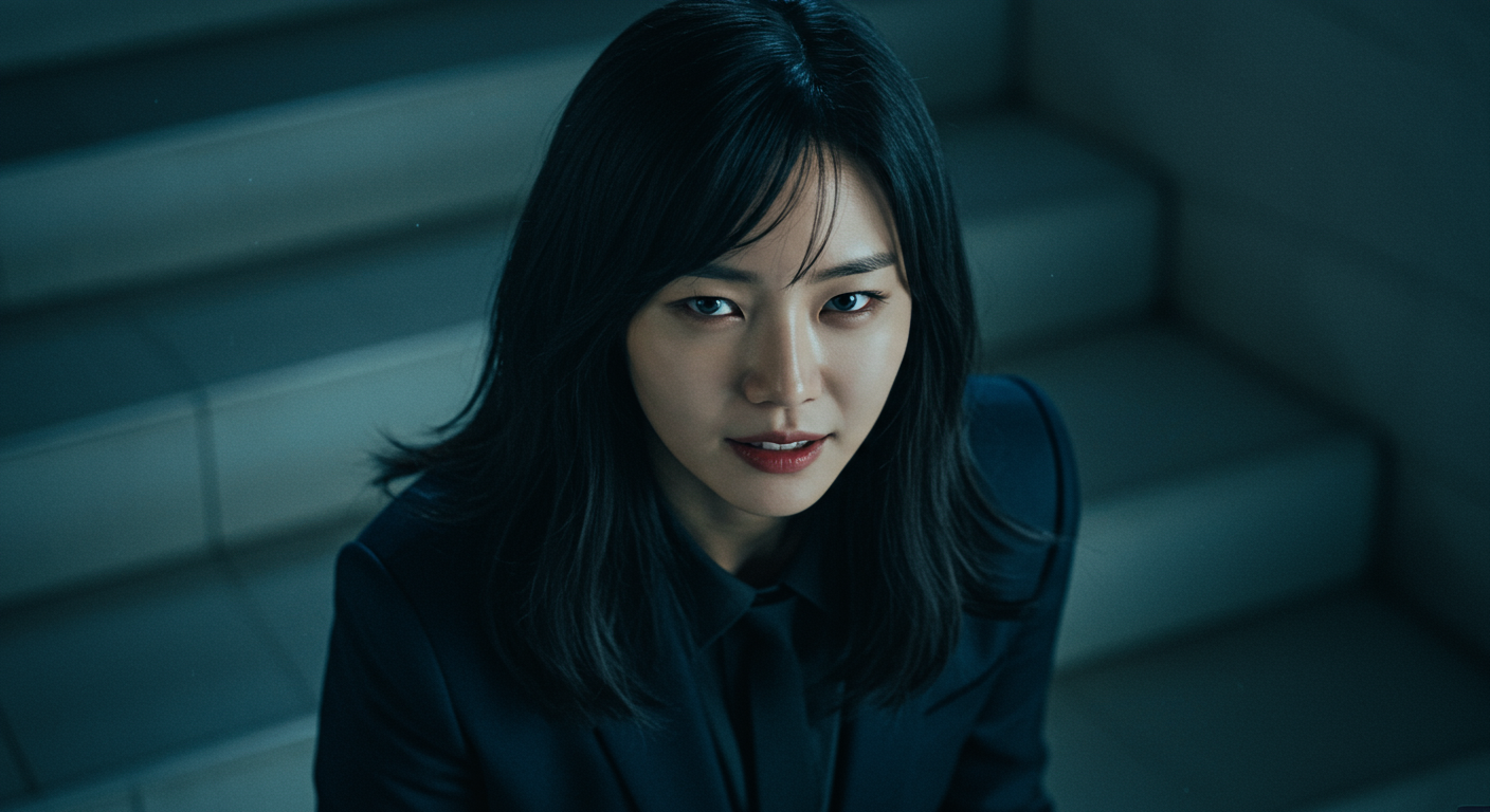 한국 여배우가 드라마틱하게 변신하여 냉혹한 표정을 가진 소시오패스 악역을 연기하는 모습