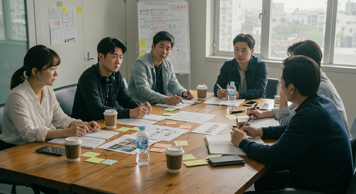 일본 소설을 드라마로 각색하기 위해 회의 중인 한국 감독과 작가들