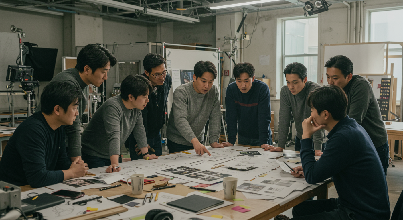 경험 많은 한국 영화제작자들이 스튜디오에서 장면 설정과 스토리보드를 논의하는 모습