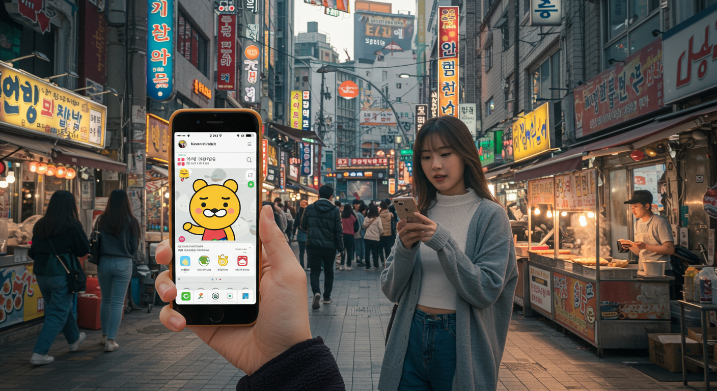 현대적인 한국 젊은이가 카카오톡 테마가 보이는 스마트폰을 사용하는 모습