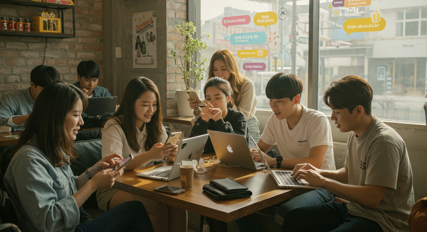 카페에서 노트북과 휴대폰으로 새로운 카카오톡 테마를 논하는 젊은 한국인들