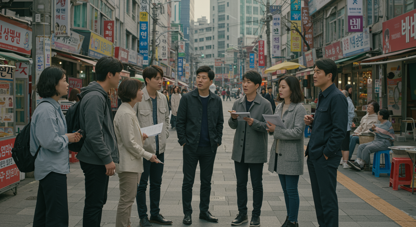 서울 거리에서 다양한 연령층의 사람들이 인구주택총조사에 대해 논의하는 모습