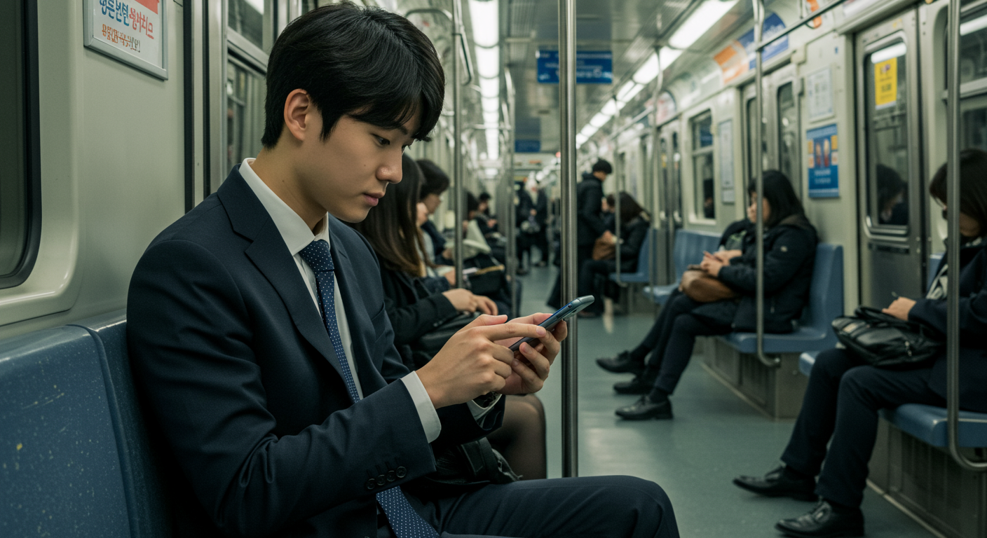 서울 지하철에서 스마트폰으로 센서스에 참여하는 젊은 직장인의 모습