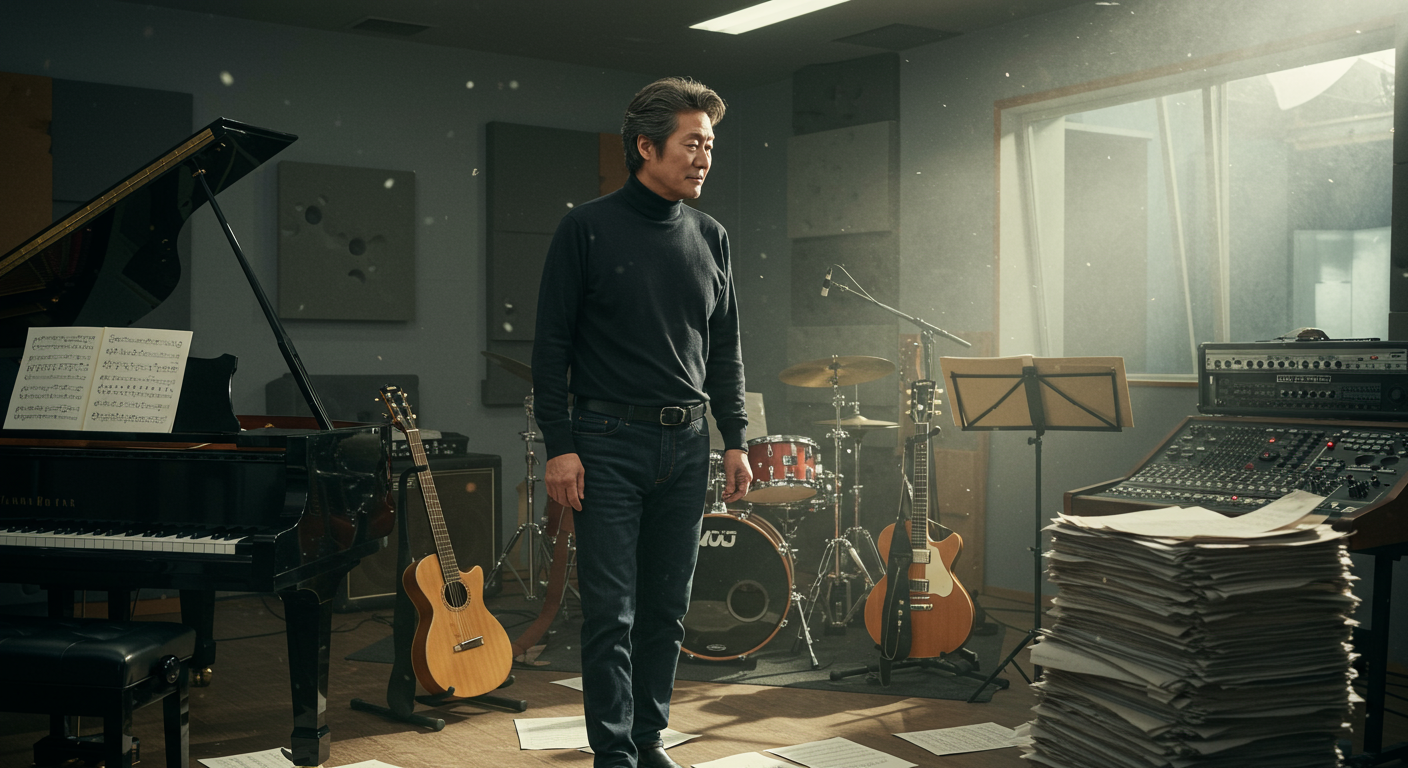 현대적 녹음실에서 악기와 악보에 둘러싸인 중견 음악가의 모습
