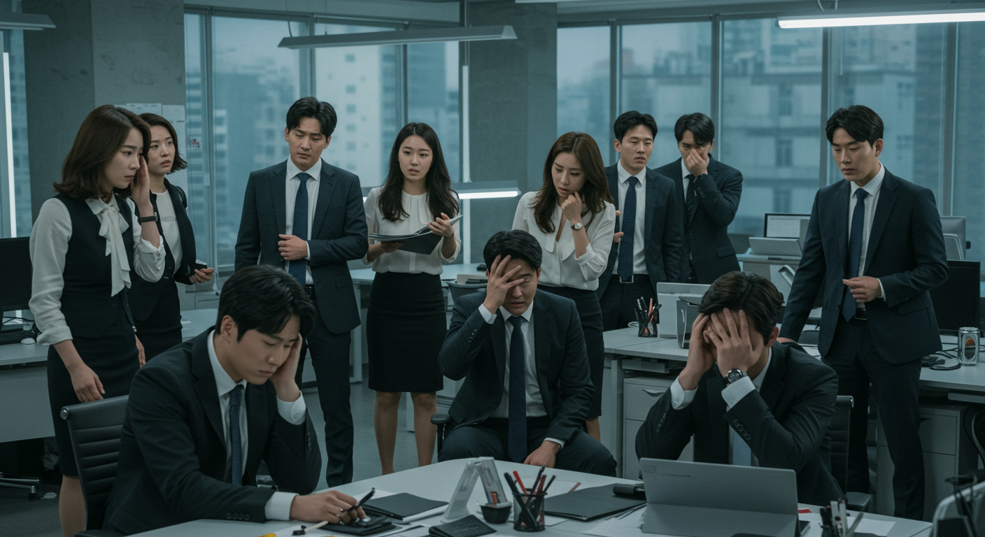 회사 환경에서 다양한 감정과 상호작용을 보여주는 인물들