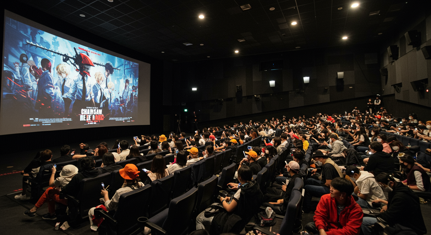 영화관에서 체인소맨 레제편을 기다리는 팬들의 활기찬 모습