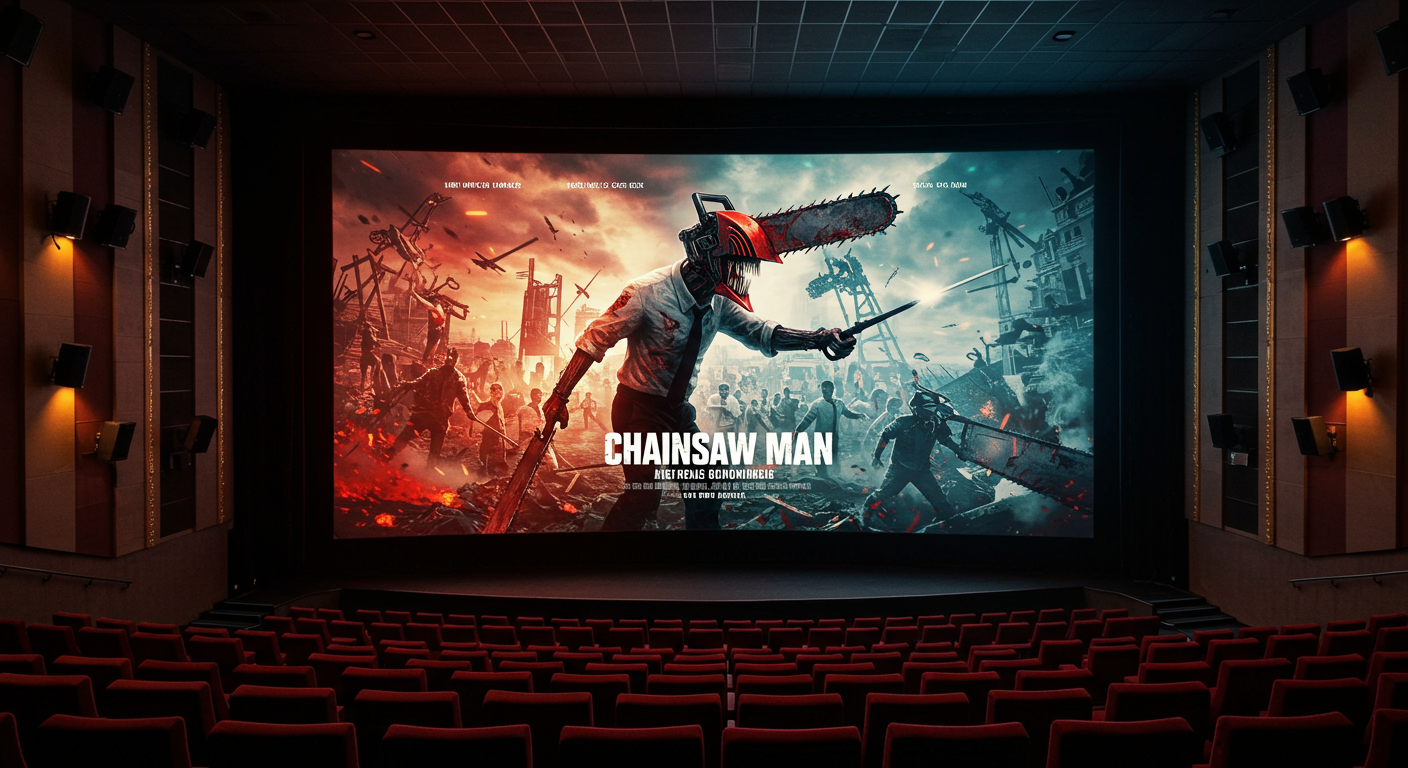 IMAX 극장에서 체인소맨 영화 포스터가 보이는 장면