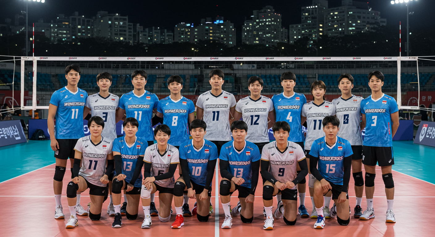 다양한 사연을 가진 배구 선수들이 서울의 코트에서 원더독스 유니폼을 입고 함께 서 있는 모습