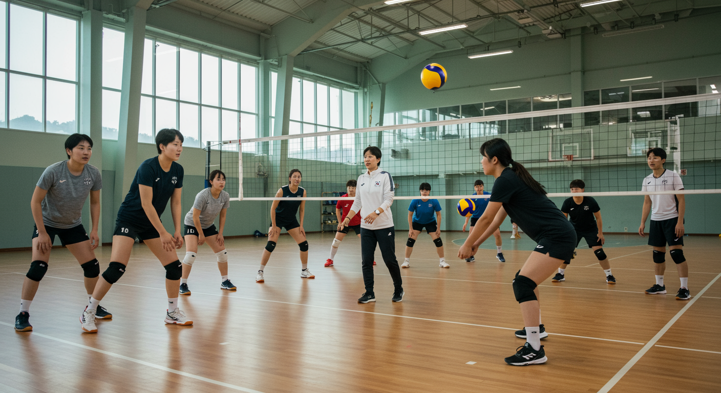 다양한 연령과 경력의 한국 배구 선수들이 여성 감독의 지도 아래 실내 체육관에서 훈련하는 모습