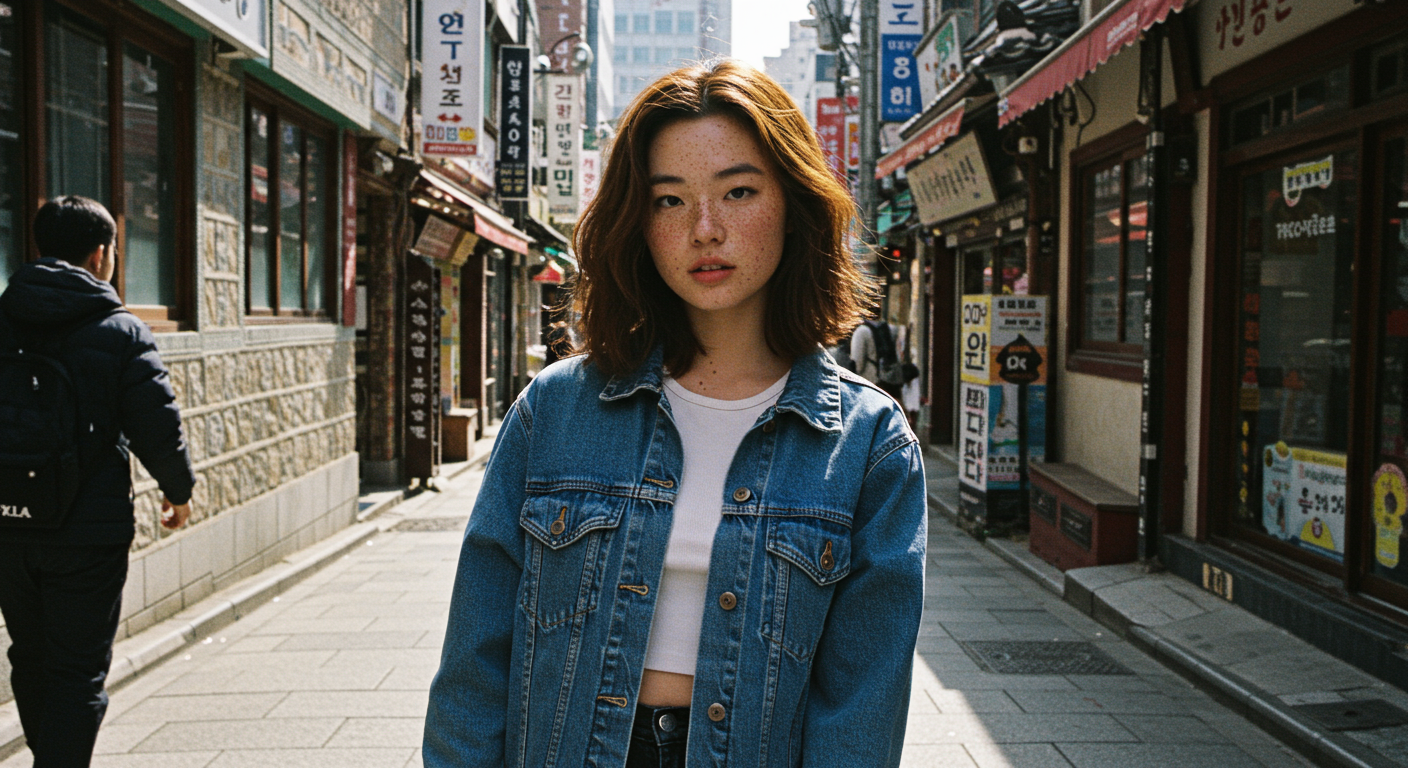 도심 속에서 스타일리시한 복장을 입고 있는 젊은 한국 여성