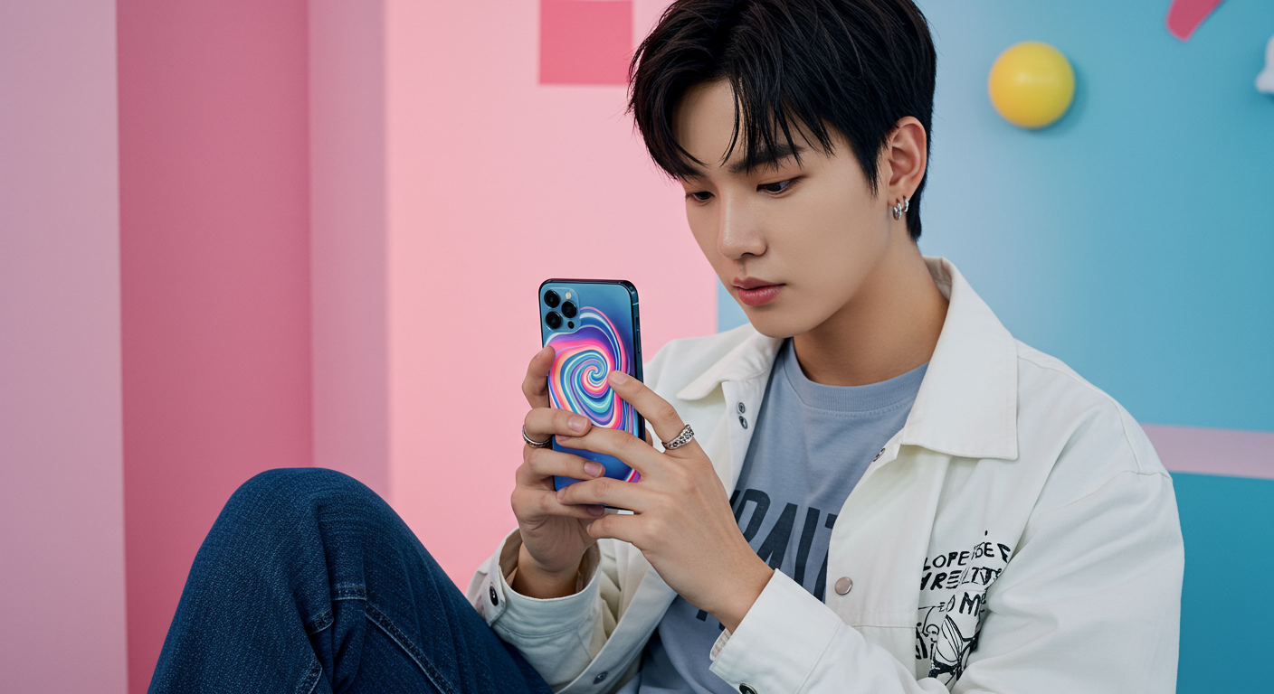 현대적인 젊은 성인이 활기찬 아이폰 배경화면으로 개성을 표현하는 모습