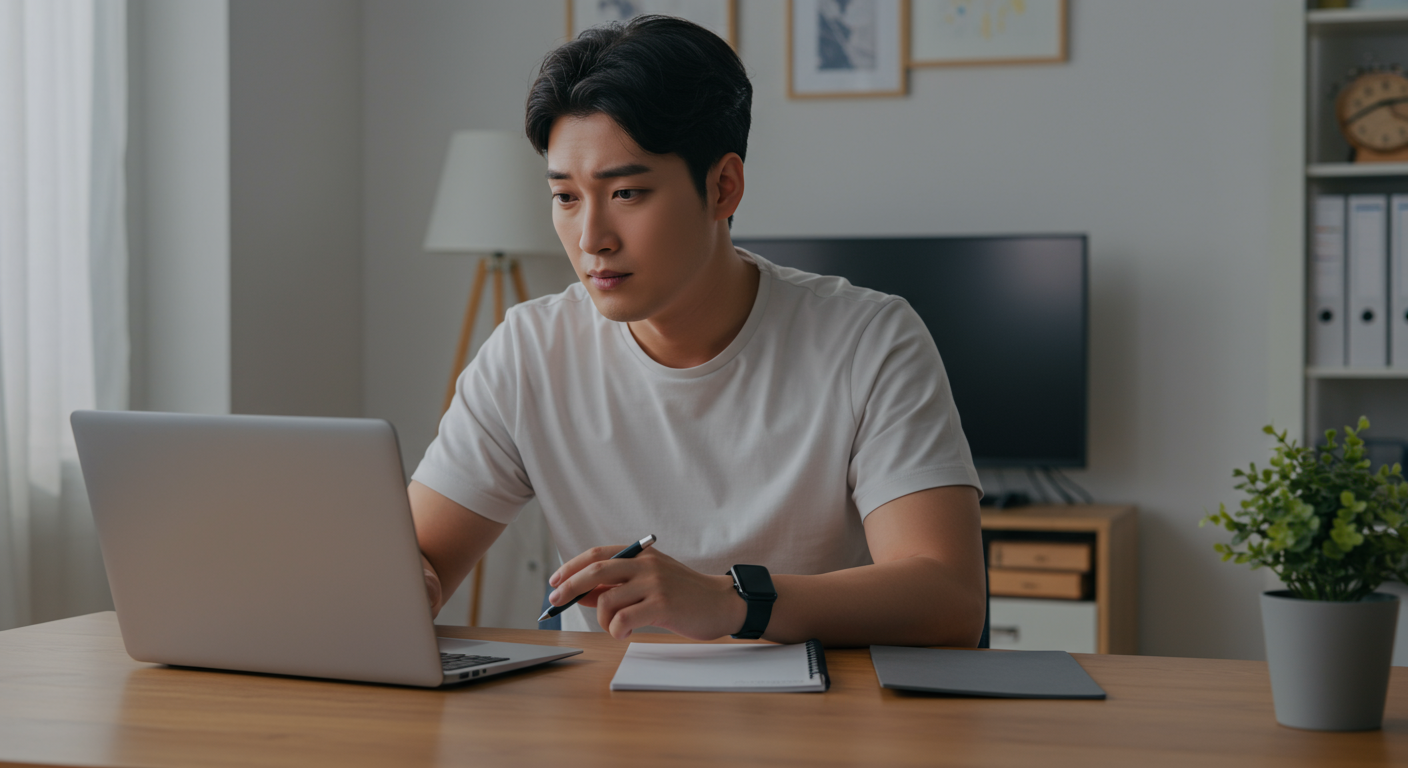 한 남성이 책상에 앉아 노트북으로 컴마왕에서 PC 구매에 대해 조사하는 모습