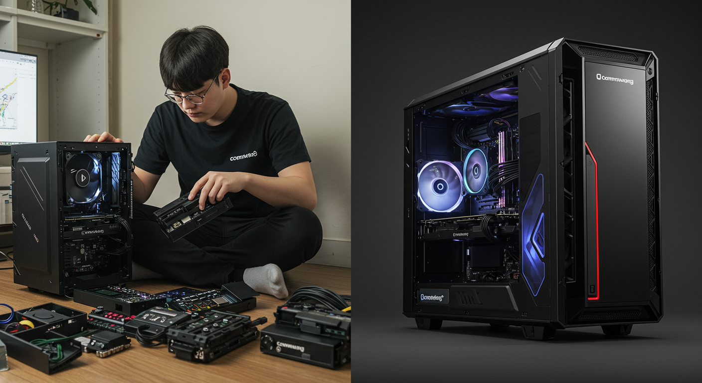 한쪽에서는 한국인이 직접 PC를 조립하고 다른 쪽에는 컴마왕에서 구입한 완성된 고사양 게이밍 PC가 놓여있는 모습