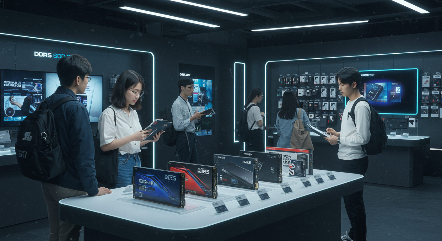서울의 첨단 기술 매장에서 최신 DDR5 메모리 모듈과 PCIe 5.0 SSD가 진열된 모습