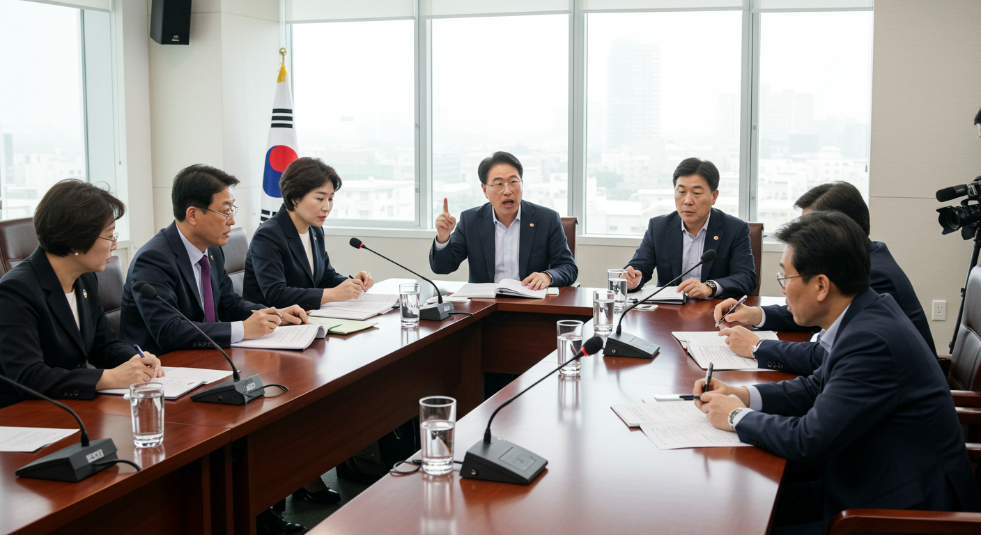 현대 회의실에서 정치인들이 열띤 토론을 벌이고 있는 장면