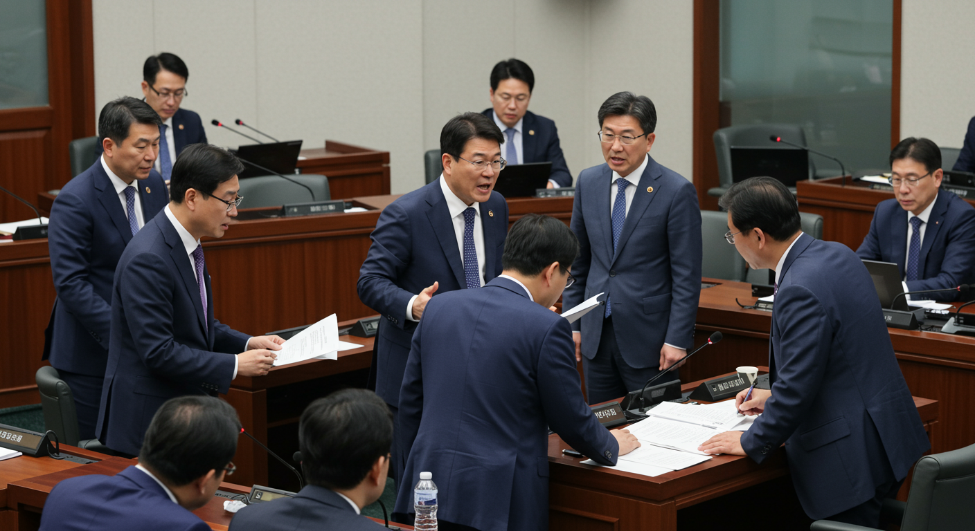 현대적인 입법부에서 한국 의원들이 열띤 토론을 벌이는 모습