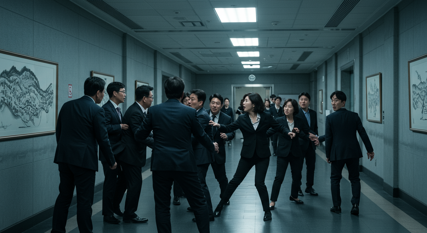 세련된 정부 건물 복도에서 두 그룹의 한국 정치인들 간의 격렬한 대립