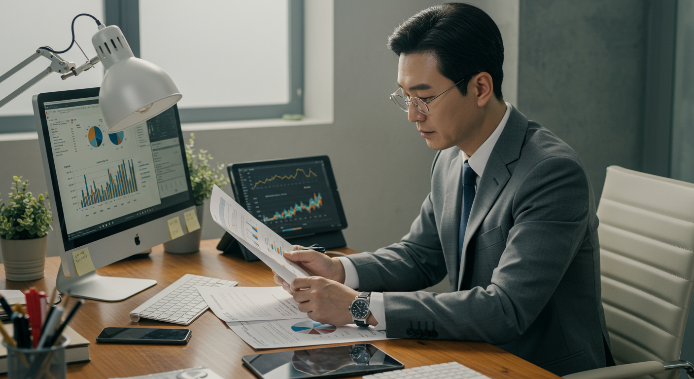 현대식 책상에서 디지털 기기를 이용해 정치 보고서를 검토하는 분석가