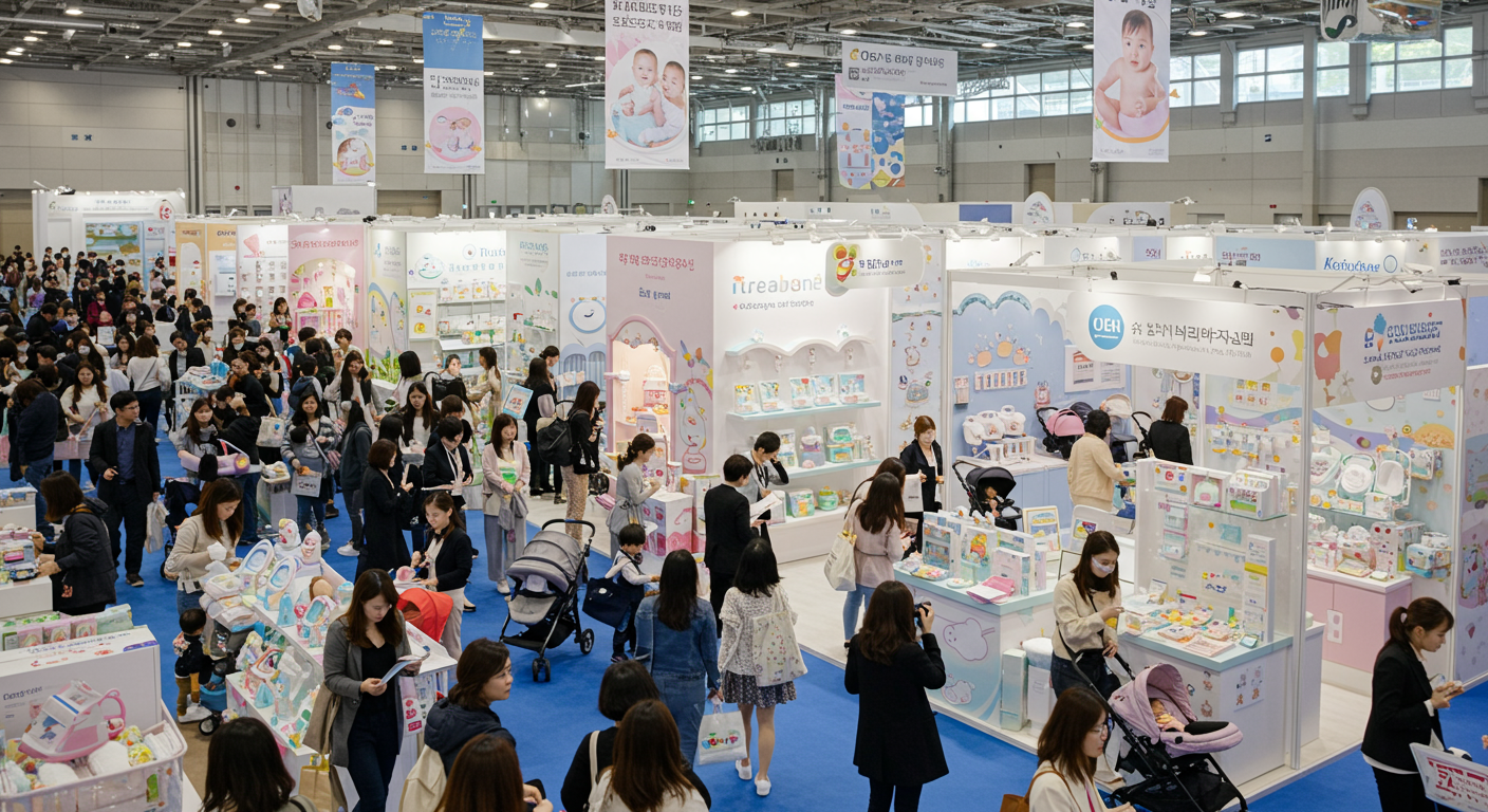 코엑스 베이비페어 행사장 전경, 다양한 부스와 방문객들로 북적이는 모습