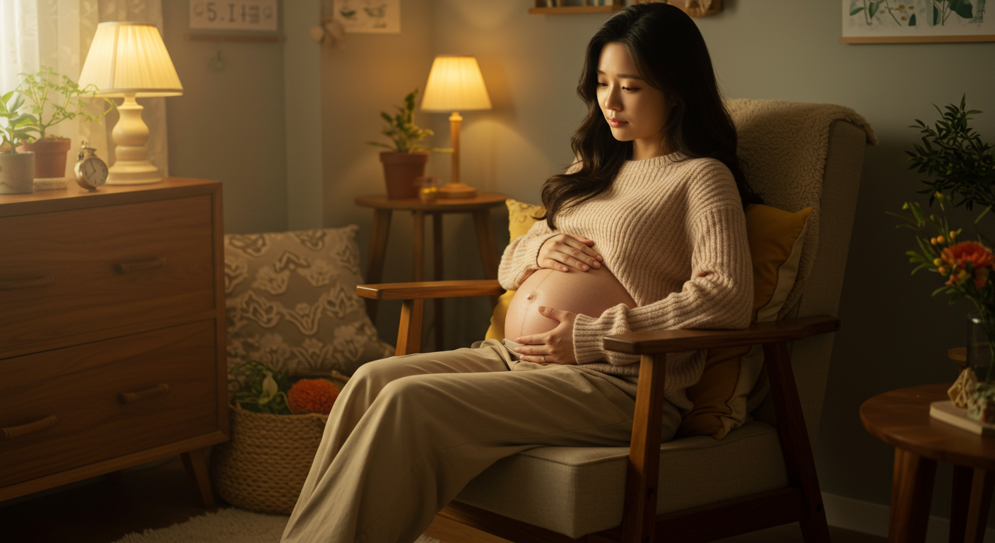 아늑한 방에서 조심스럽게 배를 바라보며 미래를 생각하는 여성의 모습