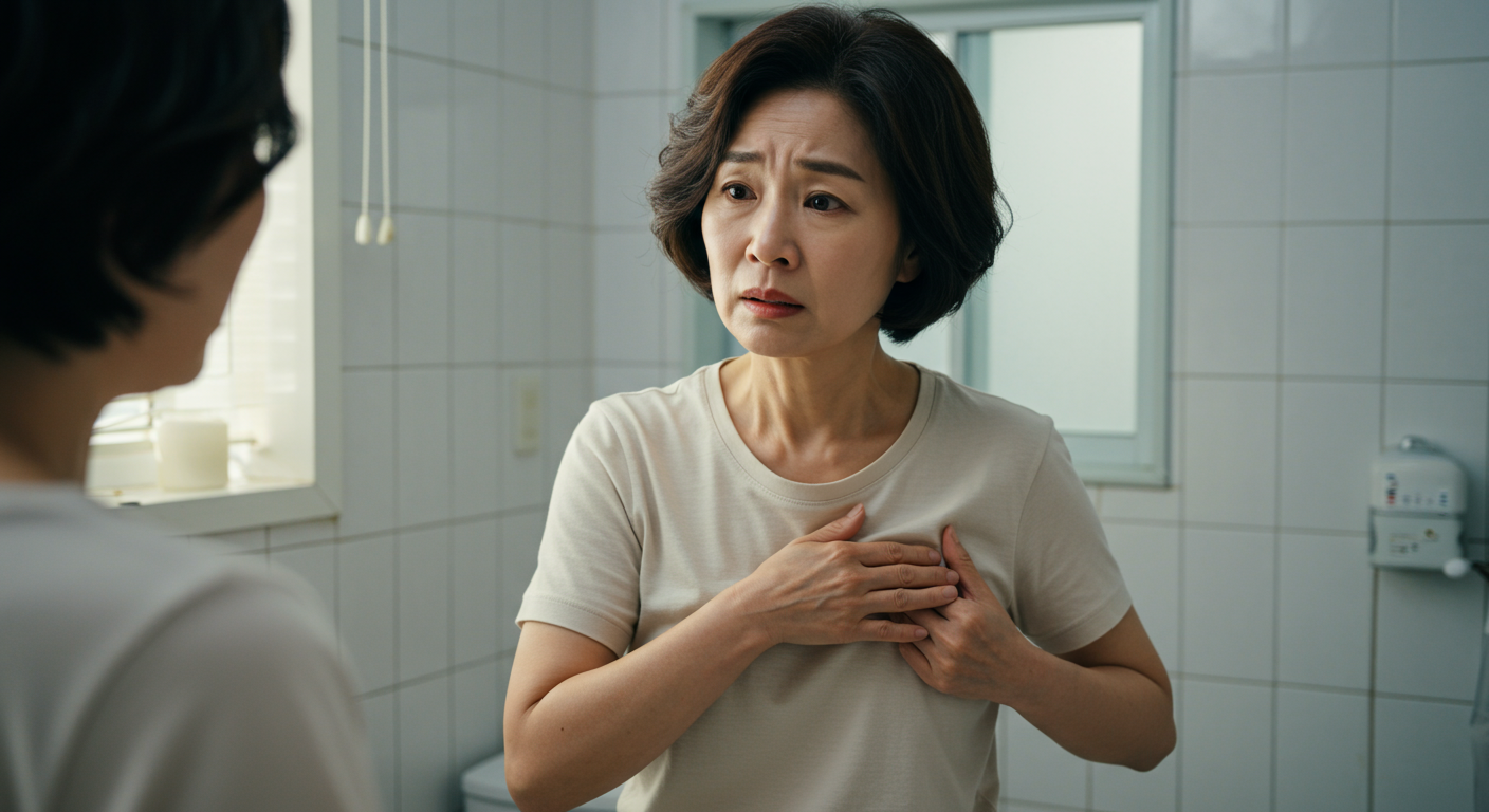 거울 앞에서 가슴 변화를 살펴보는 여성의 모습