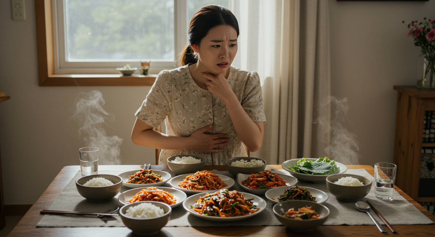 식탁에 앉아 메스꺼움을 느끼며 음식을 바라보는 여성의 모습