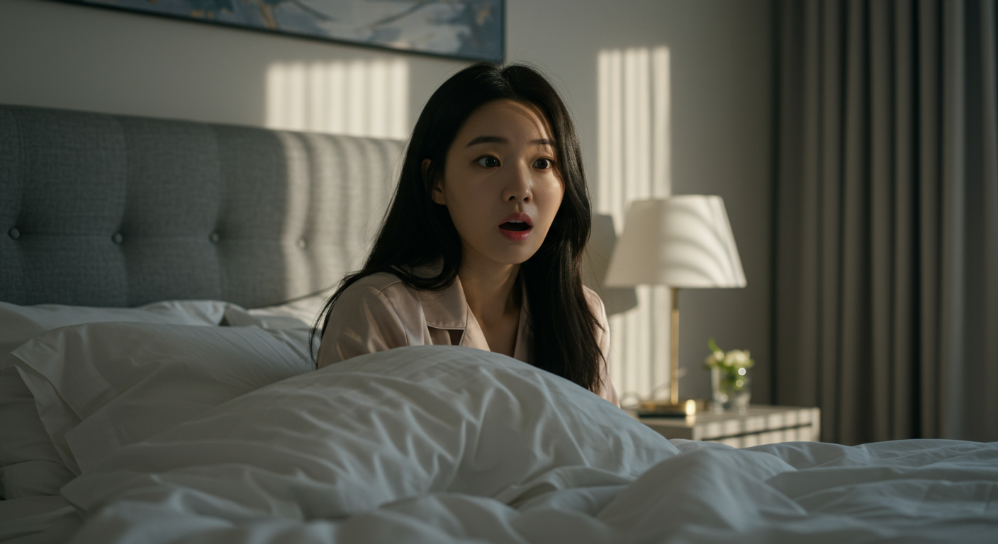 현대적인 침실에서 깜짝 놀라 잠에서 깨는 여성