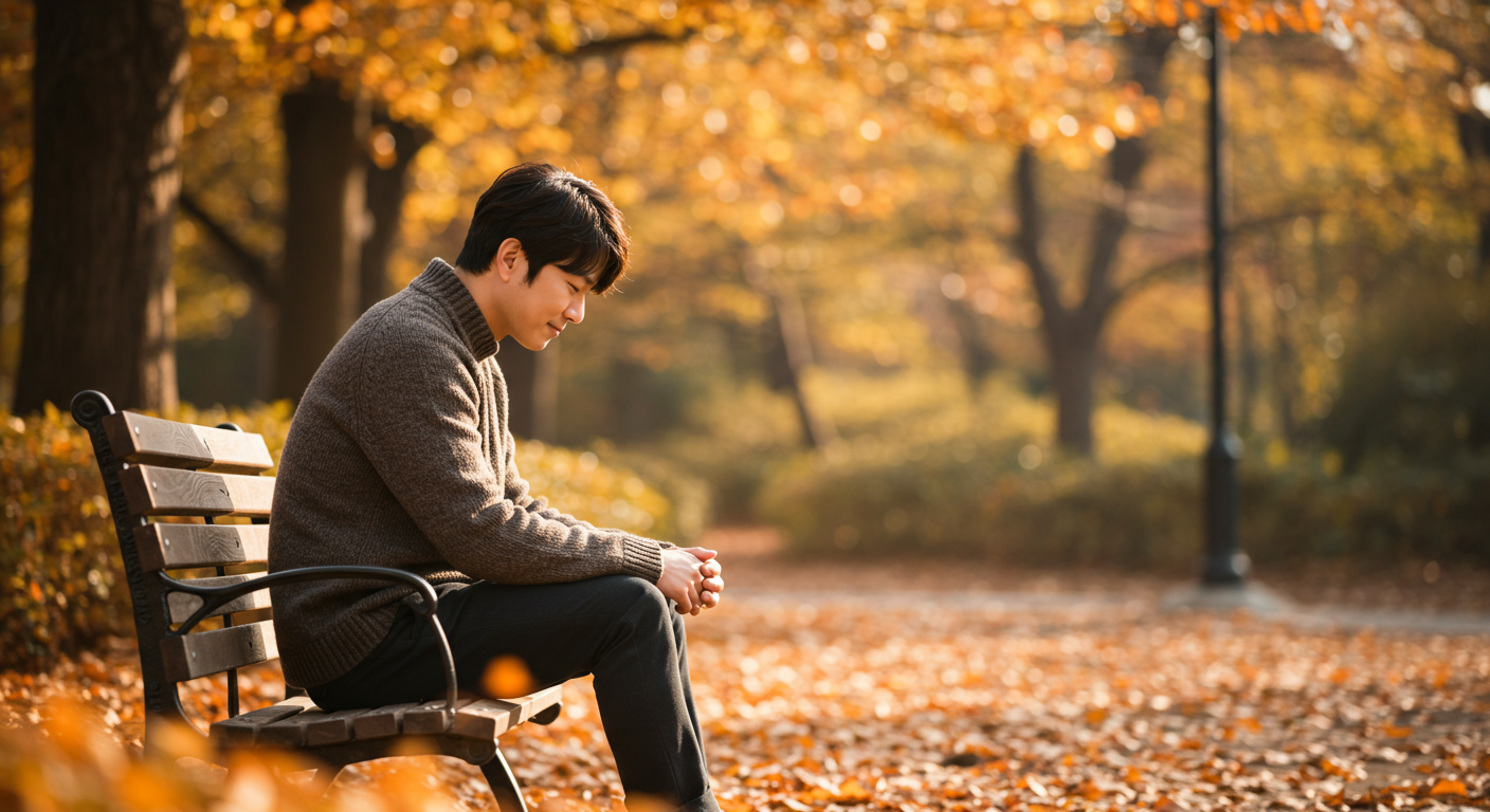 가을 공원에서 인생 변화를 곰곰이 생각하는 한국인