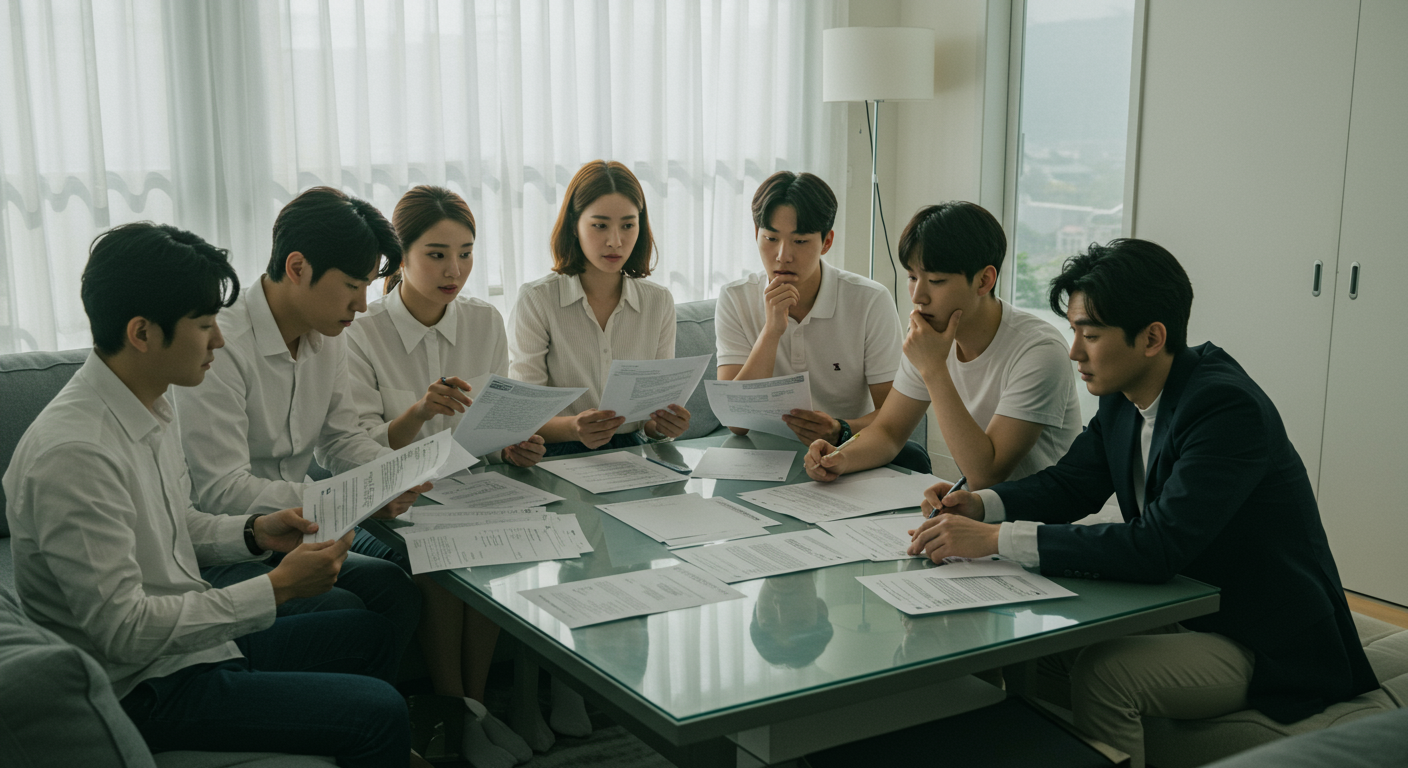 현대적인 거실 테이블에 앉아 설문지를 바라보며 고민하는 한국 사람들